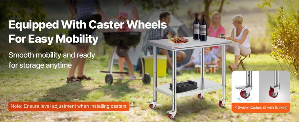 VEVOR Edelstahl Arbeitstisch 30 x 18 x 34 Zoll, 700 LBS Tragfähigkeit mit 4 Rädern, 3 verstellbare Höhenstufen, robuster Lebensmittelvorbereitungstisch für gewerbliche Küchenrestaurants, Silber, 900x600x850 mm