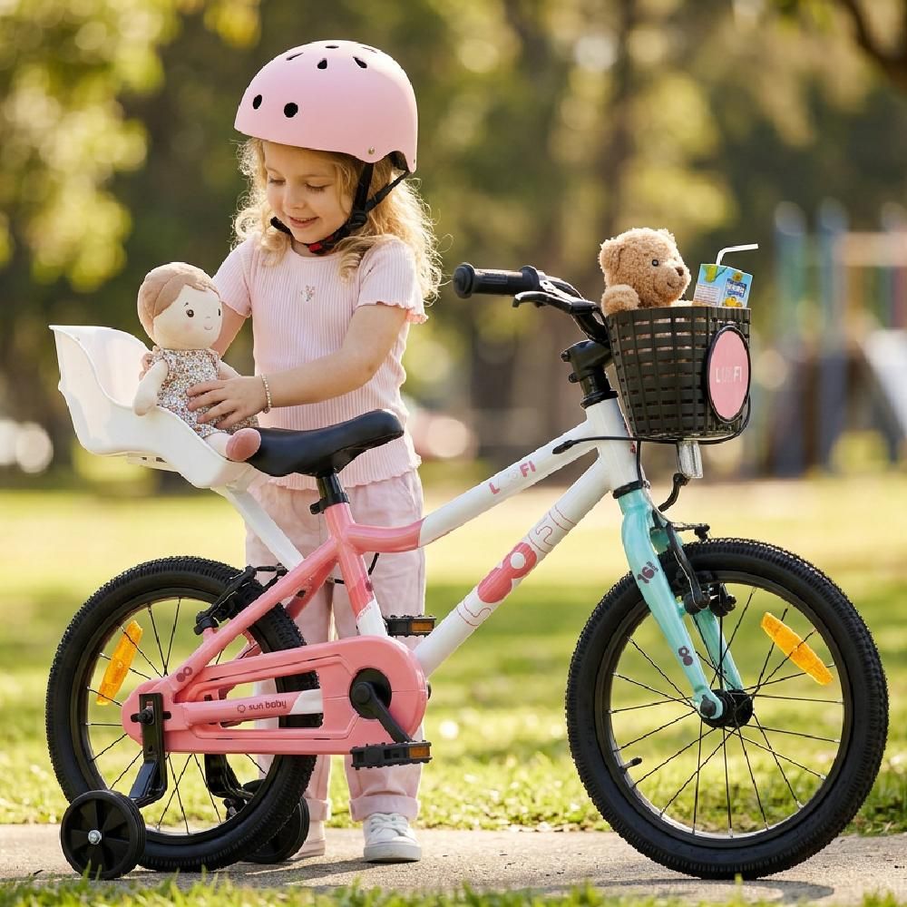 SUN BABY LOOFI – rower dziecięcy 14 cali, lekki rower aluminiowy o wadze 6,6 kg dla dzieci od 3 lat, z kółkami pomocniczymi, koszykiem, dzwonkiem i fotelikiem dla lalki, dla dziewczynek