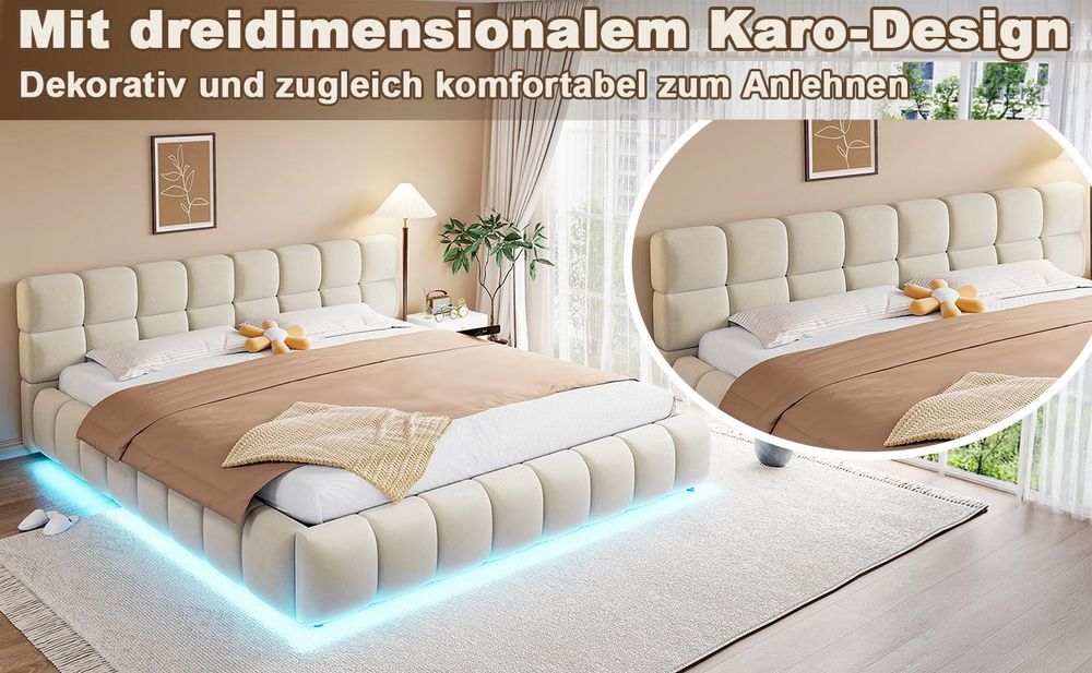 okwish Polsterbett 180×200 mit LED und App-Steuerung, Jugendbett mit Bettkasten undgepolstertem Kopfteil,Doppelbett Beige,ohne Matratze