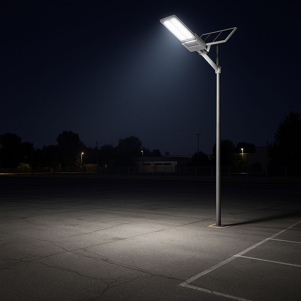 Autarke Solarlampe beleuchtet leeren Parkplatz, zeigt volle Helligkeit.