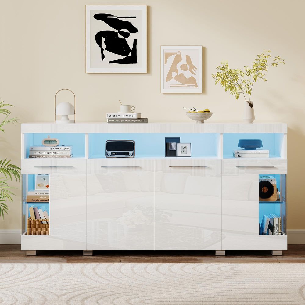 Merax Hochglanz Sideboard 140 cm mit LED, Wohnzimmer-Schrank mit Glastüren, 3 Schränke und 6 Fächer, modern Kommode mit gehärtetes Glas, Weiß