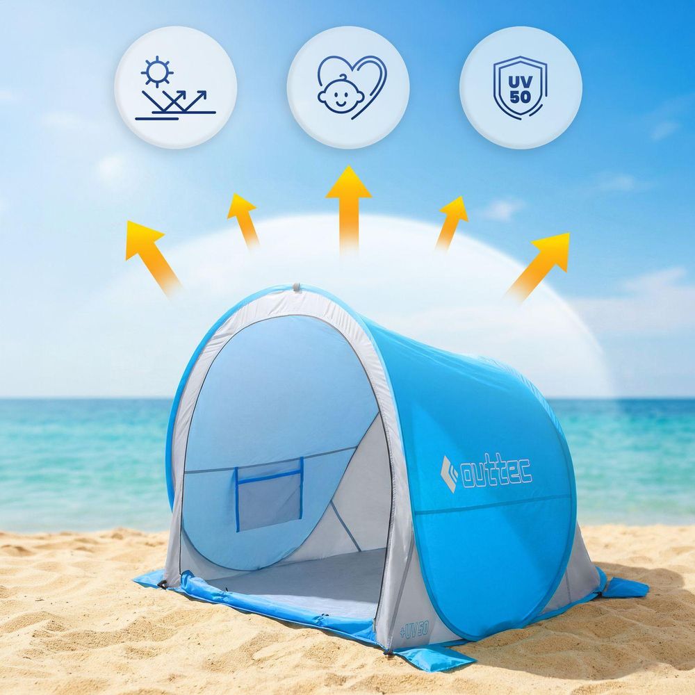 Strandzelt am Meer mit Grafiken zu UV 50+ Schutz und Kinderfreundlichkeit