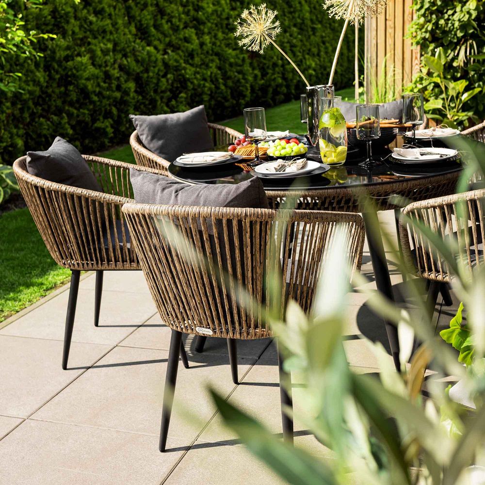 di volio Gartenmöbel-Set RIETI Beige/Grau, Garten Möbel aus Polyrattan und Stahl, Gartenmöbel für 6 Personen - Couchtisch & 6 Stühle