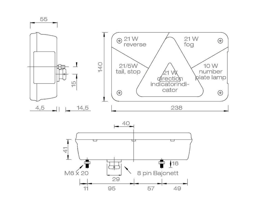 ASPÖCK Multipoint V Rückleuchte rechts 7 Funktionen 12 V 238 x 140 x 55 mm IP54 Bajonett 8-Pin E9 ADR Zone 2 für Anhänger und Bus