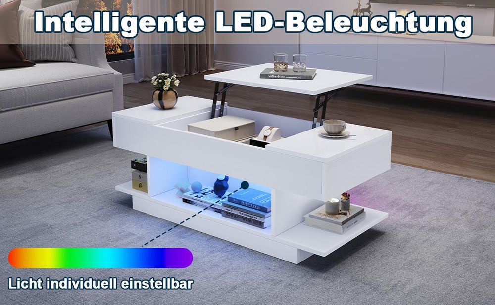 okwish Hochglanz-Couchtisch mit LED und Verstecktes Staufach,Sofatisch mit 2 Klappschränken,höhenverstellbarer Tischplatte,Weiß