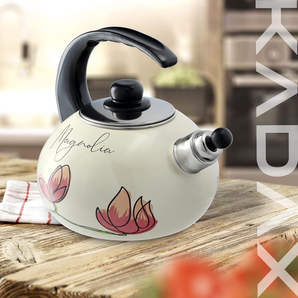 KADAX Wasserkessel "Marbella", Kessel aus Edelstahl für alle Herdarten, Rote Blumen, 2,2 L