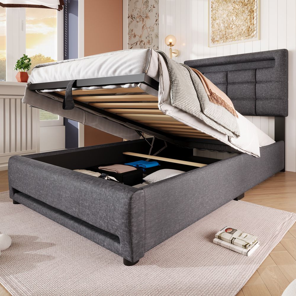 Merax Polsterbett 90x200 cm mit hydraulischem Stauraum, Jugendbett aus Leinen, Einzelbett mit LED-Beleuchtung, USB-Ladeanschluss & Rückenlehne, Grau
