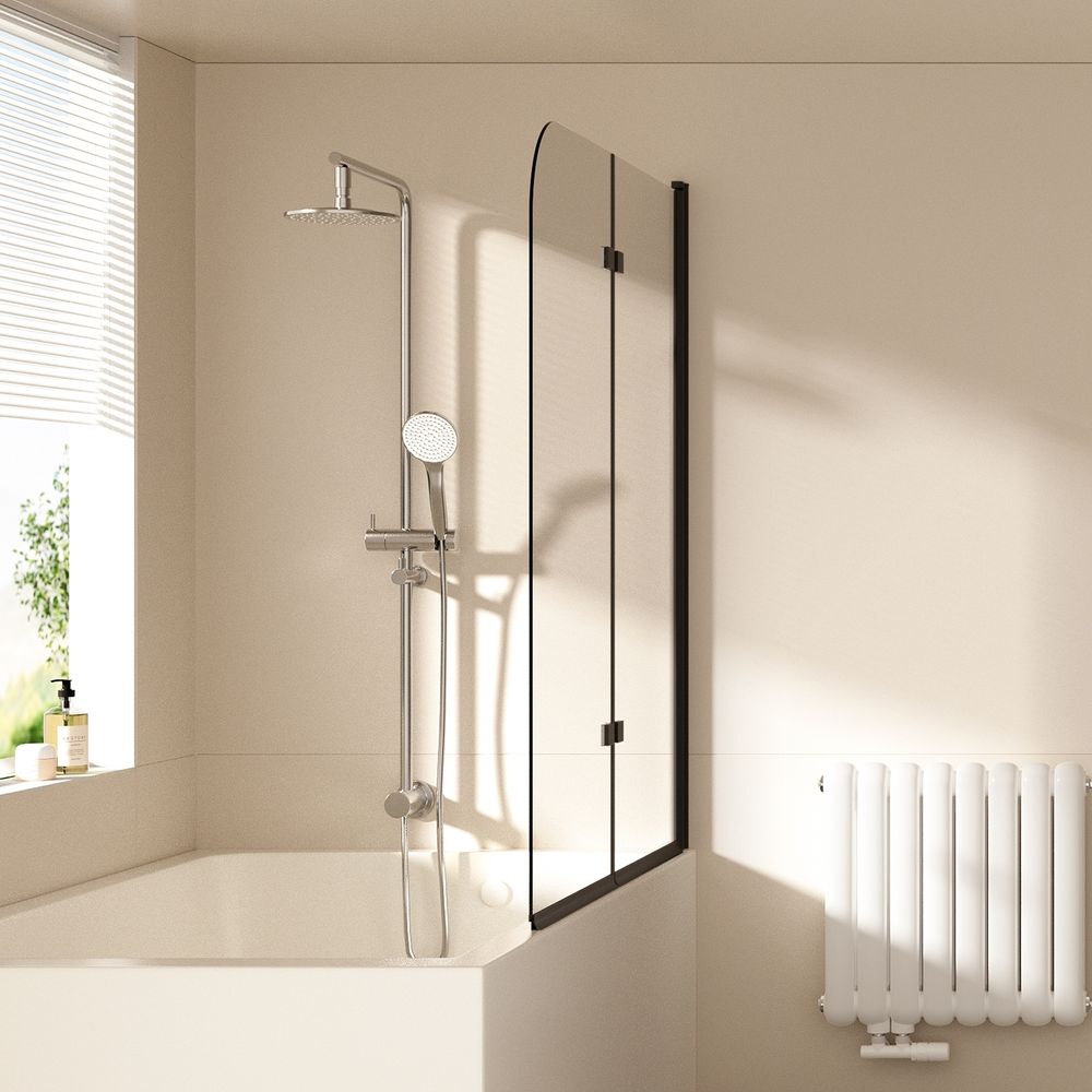EMKE Duschabtrennung 110x140cm Faltwand für Badewanne Badewannenaufsatz Mattes Schwarz Duschwand aus 6mm NANO Easy Clean GLAS