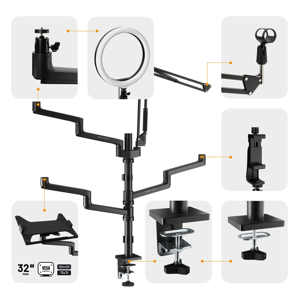 Diablo Vlogging-Kit - Mikrofonhalter, Monitorhalter, Telefonhalter für Streamer, Gamer mit LED-Licht - YouTube Starter Set