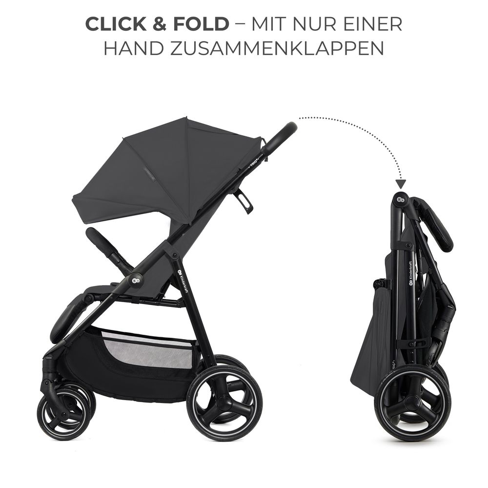 Kinderkraft TRIG 3 - Großer Kinderwagen bis 25 kg - Einhändig faltbar - Verstellbare Rückenlehne - Wasserdichtes Verdeck - Große EVA-Räder - Grau