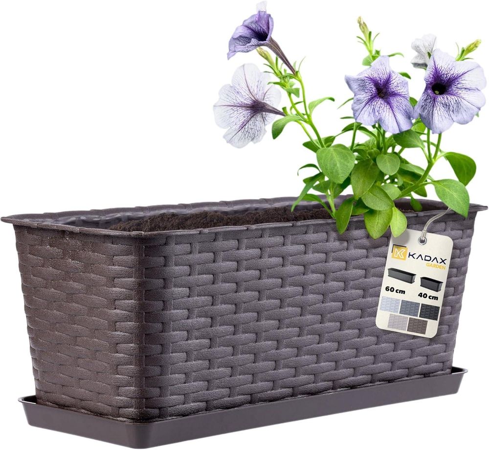 KADAX Blumenkasten 40 cm Braun mit Untersetzer, Rattan-Optik – Pflanzkasten für Balkon oder Fensterbank, langlebiger Balkonkasten