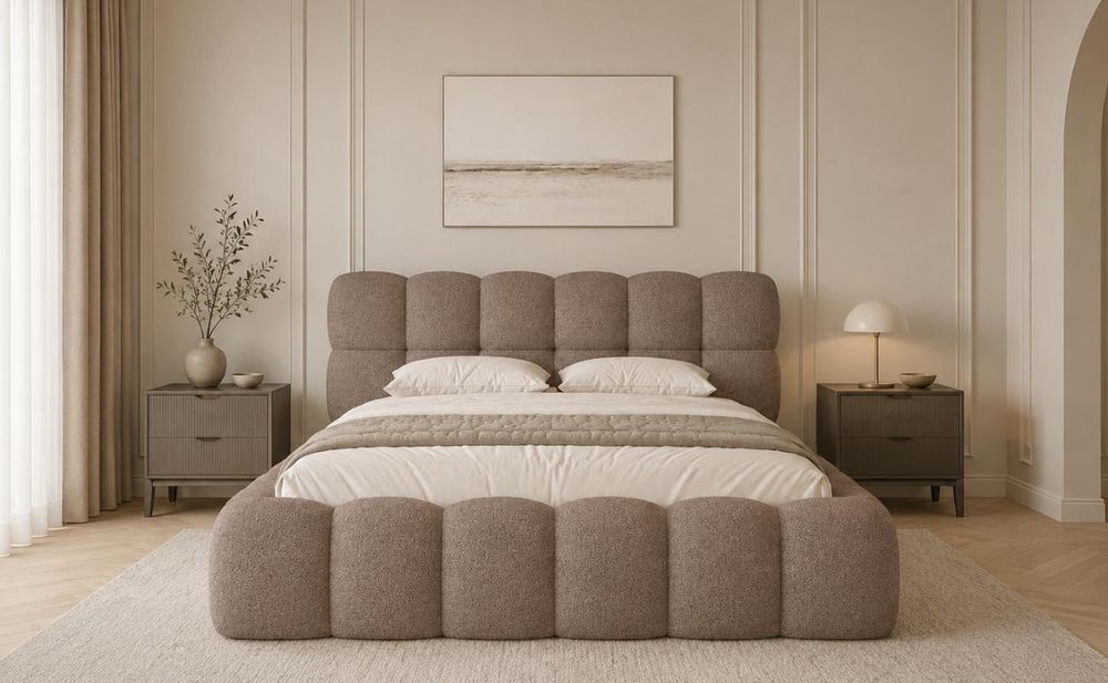 MOEBLO Polsterbett Bubble Bett 19 – Doppelbett im Wolkenbett-Design mit Bouclé-Bezug, gepolstertem Kopfteil, Bettkasten, Gasfedermechanismus und Lattenrost - 160x200 cm - Terrakotta (Arena 09)