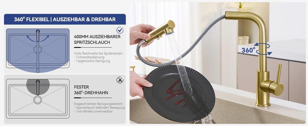 Spültischarmatur Ausziehbar L-Form, Cecipa Wasserhahn Küche, 304 Edelstahl Küchenarmatur, 2 Strahlarten, 360° Drehbar, Hochdruck, Gebürstet Gold