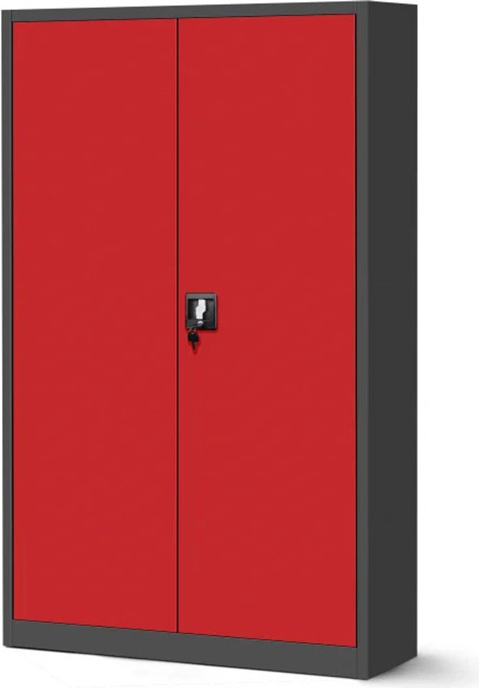 Büroschrank Aktenschrank XXL Metallschrank Flügeltüren Stahlblech Pulverbeschichtung 185 cm x 115 cm x 40 cm Farbe: Anthrazit-rot