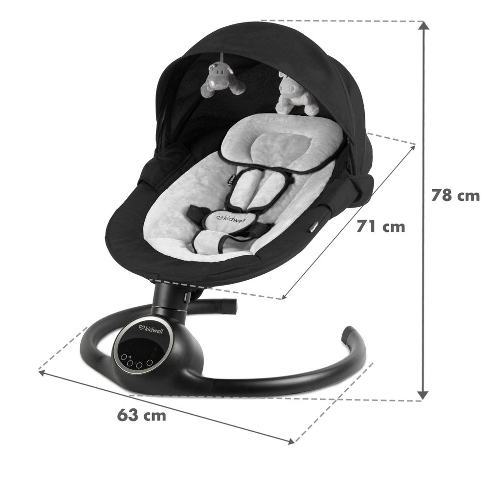 Kidwell REVE Elektrische Babywippe & Babyschaukel – Schaukel mit App-Steuerung, Bluetooth, Timer, Spielbogen & Moskitonetz (Black/Silver)
