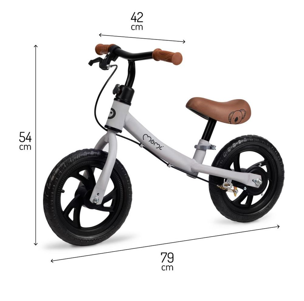 MoMi BREKI – 12 Zoll Kinder Laufrad mit Handbremse & EVA-Reifen, höhenverstellbar ohne Werkzeug, fördert Gleichgewicht & Motorik – Grau