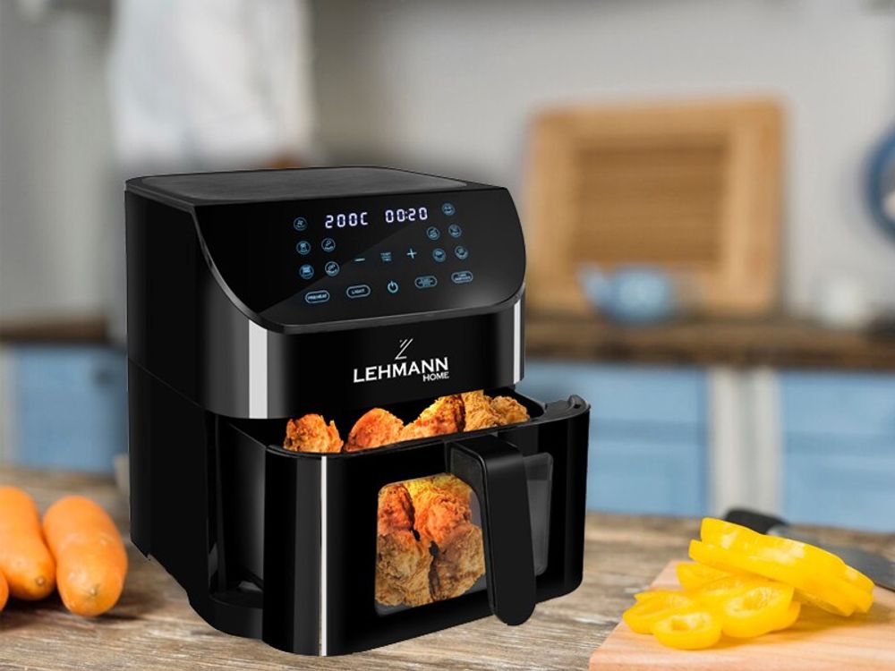 LEHMANN Heißluftfritteuse, Airfryer 1800 W, Kapazität 8L, max 200°C, 12 Programmen, mit Sichtfenster - Backen und Frittieren Ohne Fett
