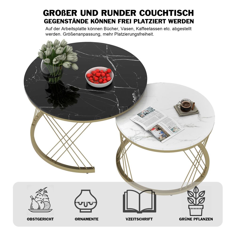 MODFU Couchtische Schwarz,Wohnzimmertisch rund 2er Set,Sofatisch mit Metallrahmen,Beistelltisch mit Verstellbare Füße