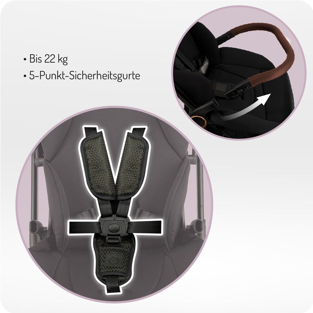 MoMi ADELLE – Leichter Kompaktbuggy mit 360° drehbarem & umkehrbarem Sitz, verstellbar, XL-Dach – Schwarz/Gold