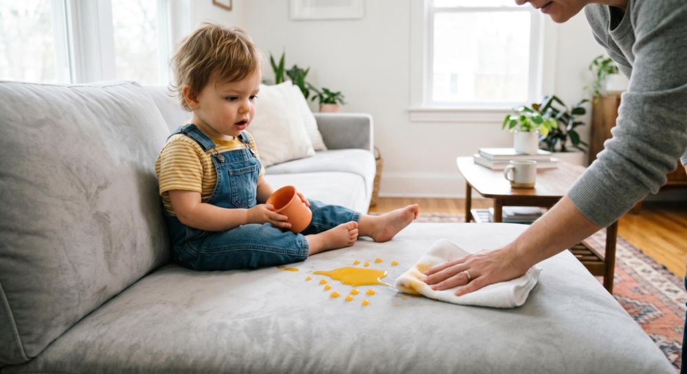 Kind verschüttet Saft auf Sofa – wasserabweisender Stoff leicht zu reinigen