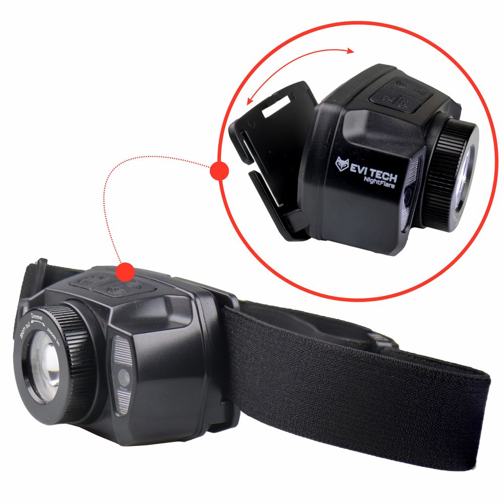 LED čelovka dobíjecí, 360 lm čelovka s ovládáním gesty a zoomem, červené světlo a vodotěsnost IPX4, 1800 mAh baterie, EVI TECH NightFlare