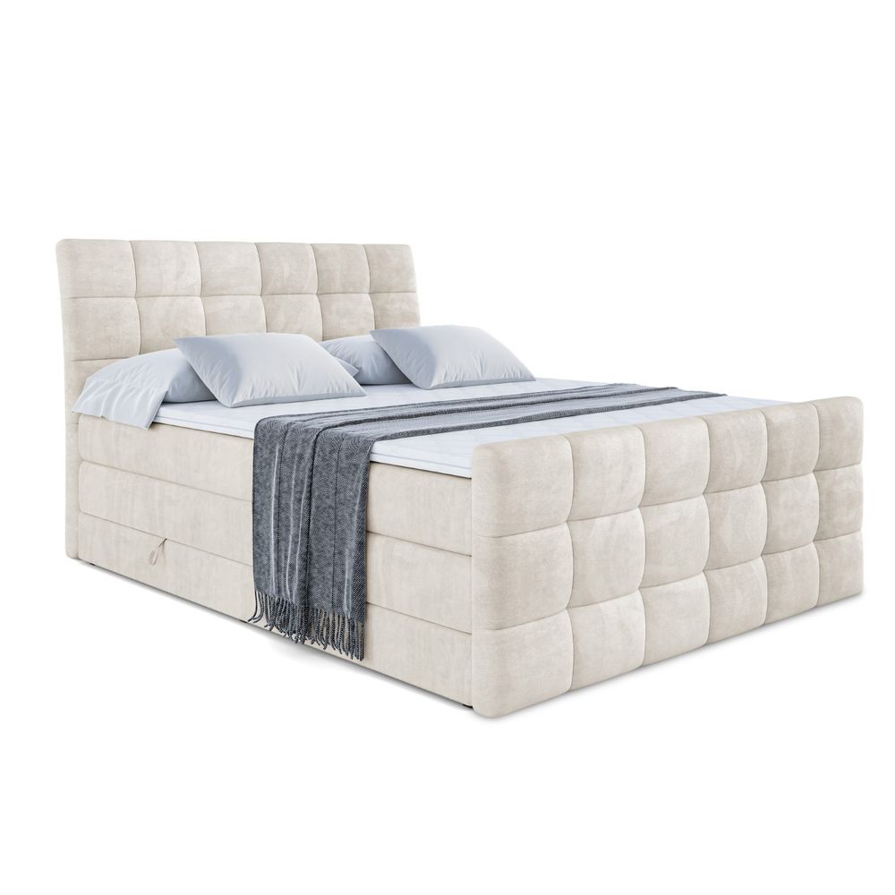 ALTDECOR Boxspringbett mit Matratze und Lattenrost  - BRUGO -Z KING  - 180x200 cm  - Beige Samt - Topper, Fußteil, Polsterbett mit Bettkasten, Bett mit Stauraum H3 - und H4 - Matratze, Doppelbett, Springboxbett
