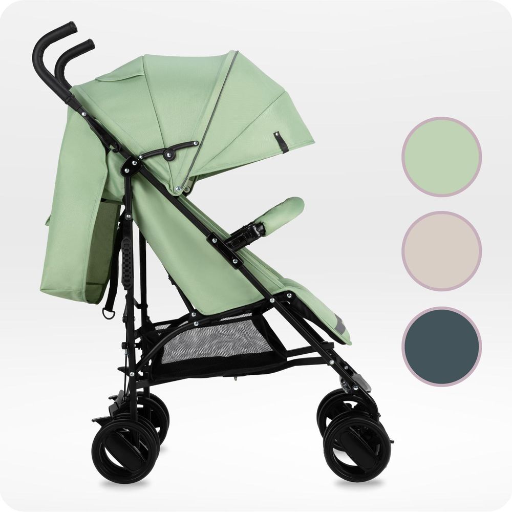 MoMi AKIRA – Ultraleichter Baby Kompaktbuggy 6,7 kg mit verstellbarer Rückenlehne & Drehbügel, inkl. Tasche & Moskitonetz, bis 15 kg – Grün
