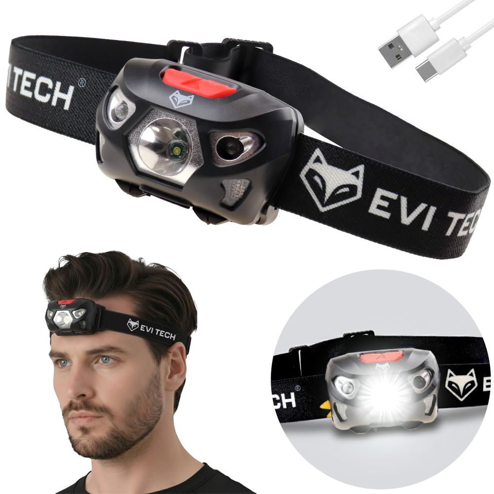 LED Stirnlampe 500lm USB-C aufladbar, IP66 wasserdicht & Bewegungssensor, Rotlicht-Modus, Akku Stirnleuchte für Joggen & Arbeit, EVI TECH Nexlume