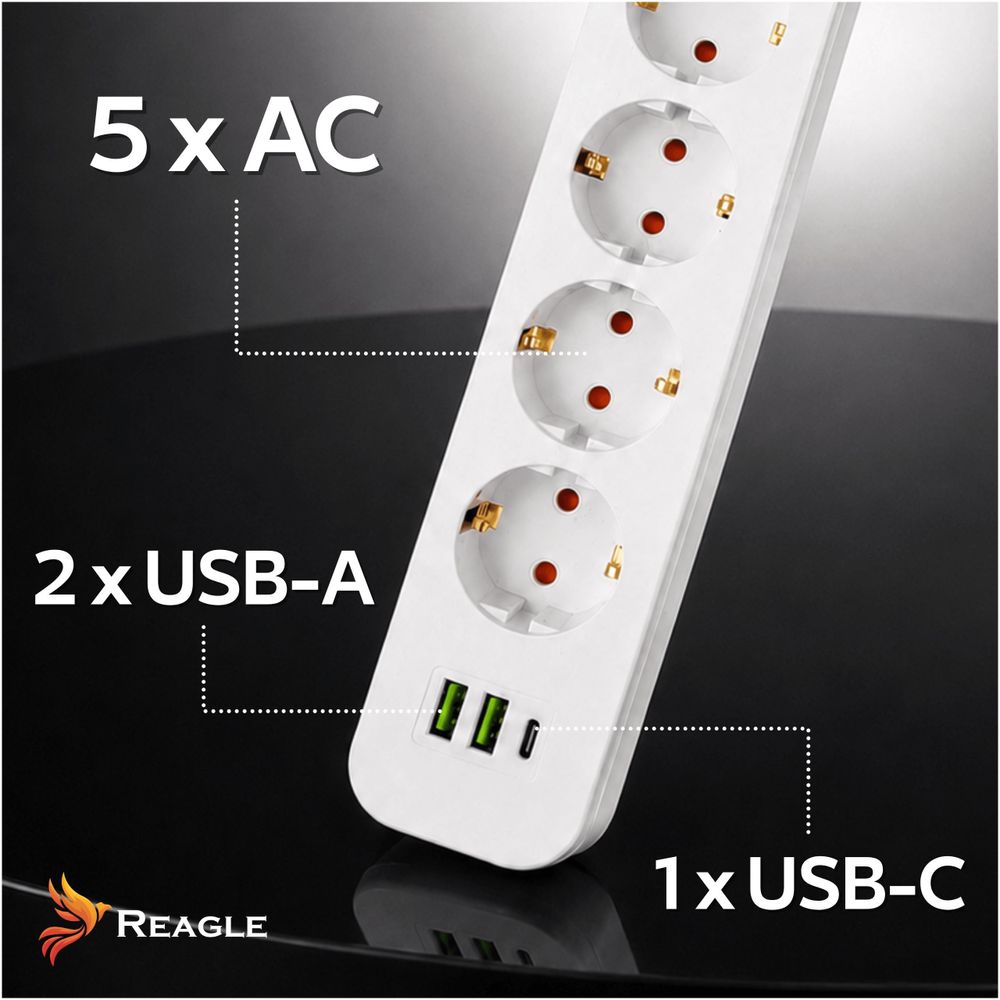 Reagle 3m Steckdosenleiste 5-fach mit 3x USB (2x USB-A, 1x USB-C), Mehrfachsteckdose, Verlängerungskabel 2500W, Schalter, Weiß