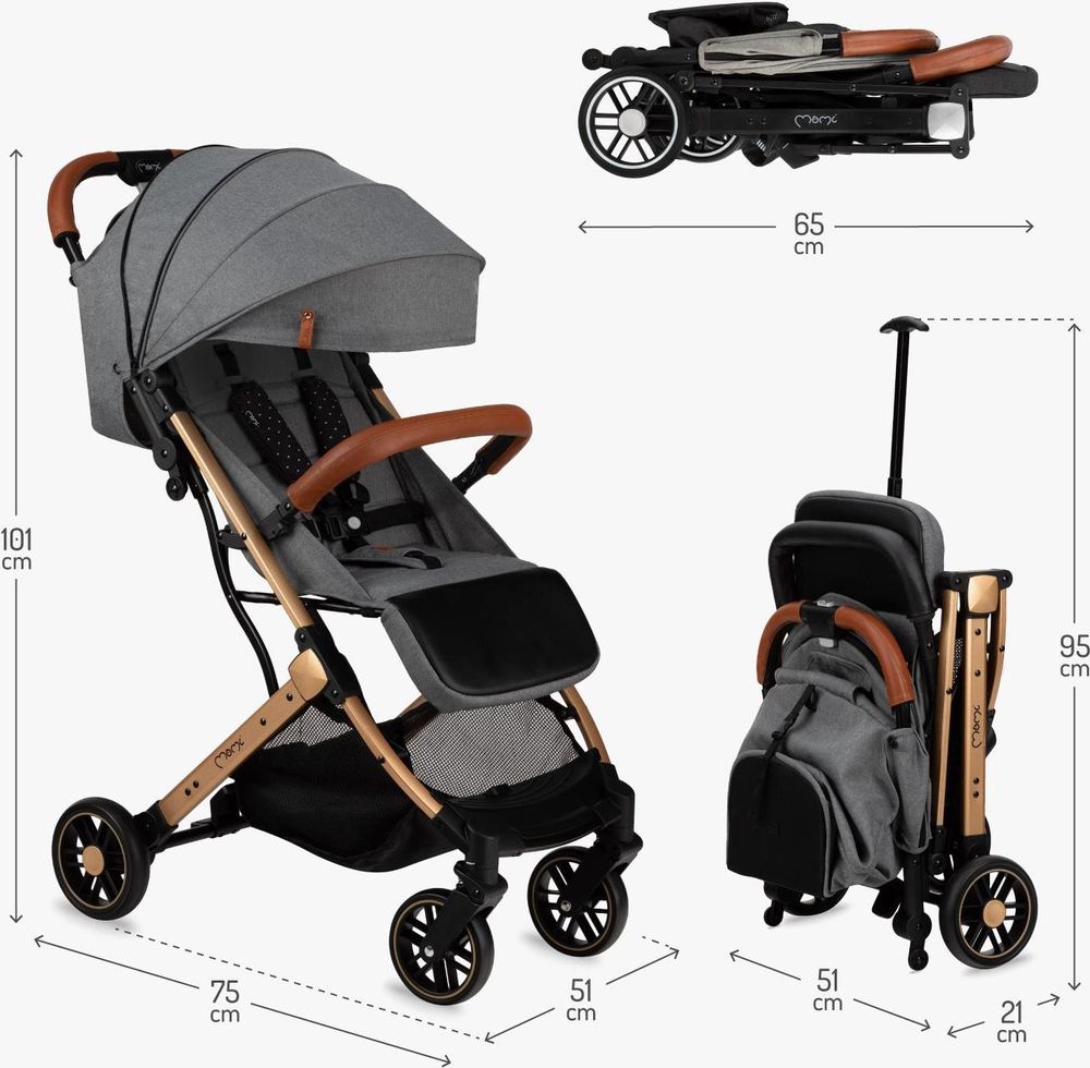 MoMi ESTELLE Buggy Kinderwagen - Leicht, Stoßdämpfung 4 Räder, Koffer - Grau-Gold