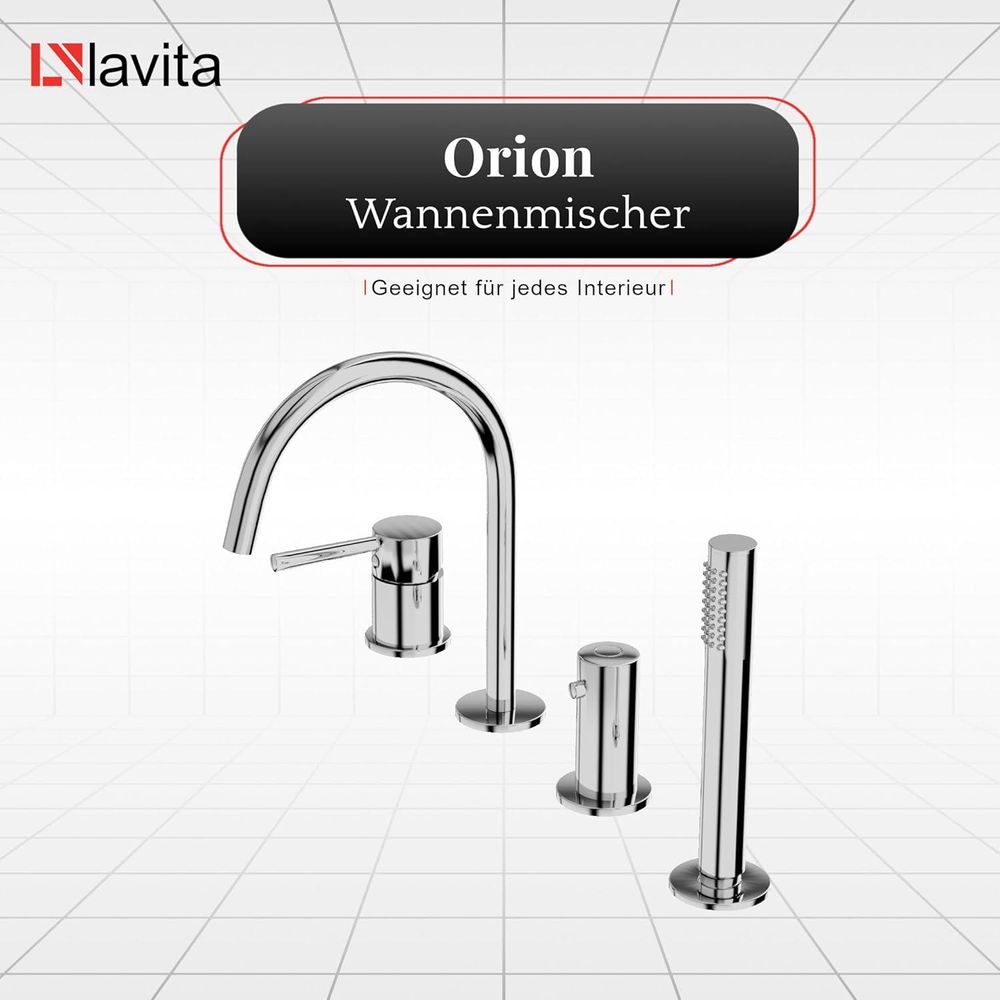 Lavita Orion 4-Loch Badewannenarmatur in Chrom | Wannenbatterie | Wasserhahn Bad s Design Armatur