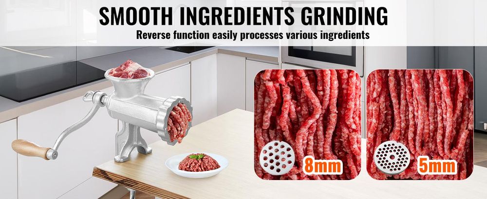 VEVOR Handfleischwolf, robuster Fleischwolf aus Gusseisen mit Stahl-Tischklemme, Fleischzerkleinerer Wurstmaschine mit 1 Schneideblatt, 2 Schneideplatten, 3 Wurstrohren für Rindfleisch, Pfeffer, Pilze