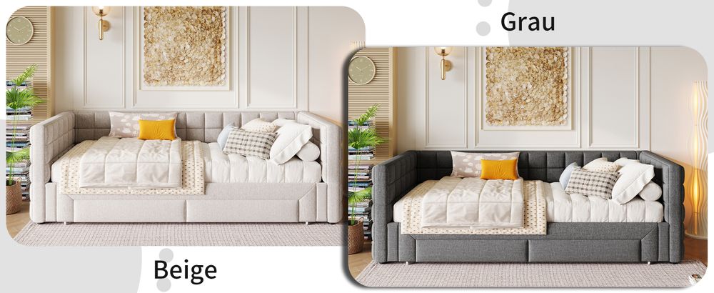 okwish Daybett, Jugendbett Kinderbett Tagesbett, Ausziehbett Sofabett 90 x 200cm,t mit quadratischer Rückenlehne,(ausziehbar auf 180 Queensize), 2 Schubladen, ohne Matratze, Beige