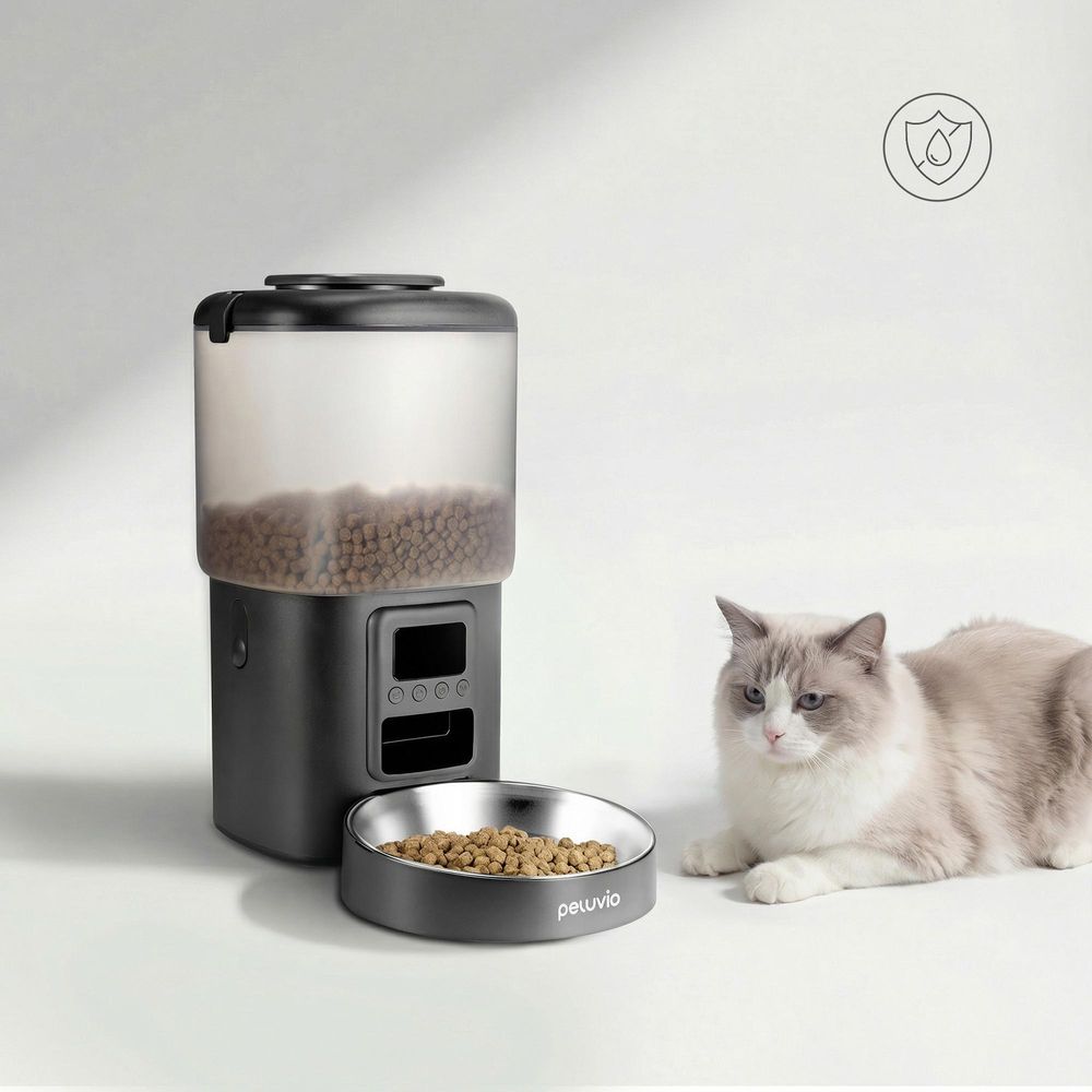 Automatischer Katzenfutterspender Peluvio Crispy 4,5 l – 4 Mahlzeiten, LCD, Edelstahlnapf, Batteriebetrieb - Schwarz
