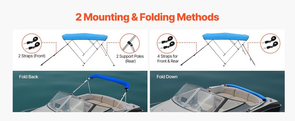 VEVOR 3 Bogen Boot Bimini Tops, 600D Polyester Dach mit Aluminiumlegierungsrahmen, wasserdichtes & Sonnenschutz Bootsunterschlupf mit Tragetasche, 2 Stützstangen, 4 Gurte, 72"Lx(73"-78")Wx46"H, Hellgrau, 72x(73-78)x46 Zoll-a, Pazifisch Blau-b