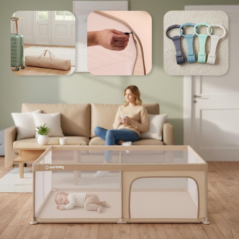 Collage montrant le sac de transport, la fermeture éclair, les poignées et un bébé dormant dans le…