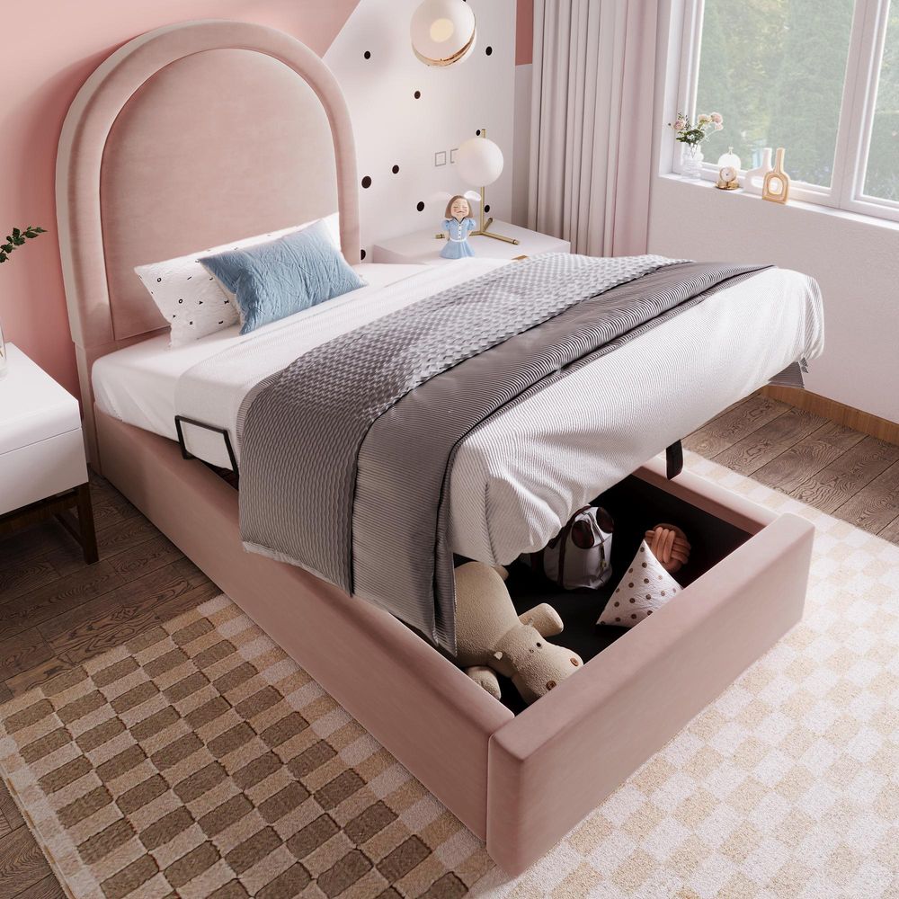 STILVORA 90x190 Polsterbett mit Lattenrost und Stauraum,Kinderbett mit Kopfteil für Jungen und Kinder,Einzelbett Samt,Rosa(Ohne Matratze)