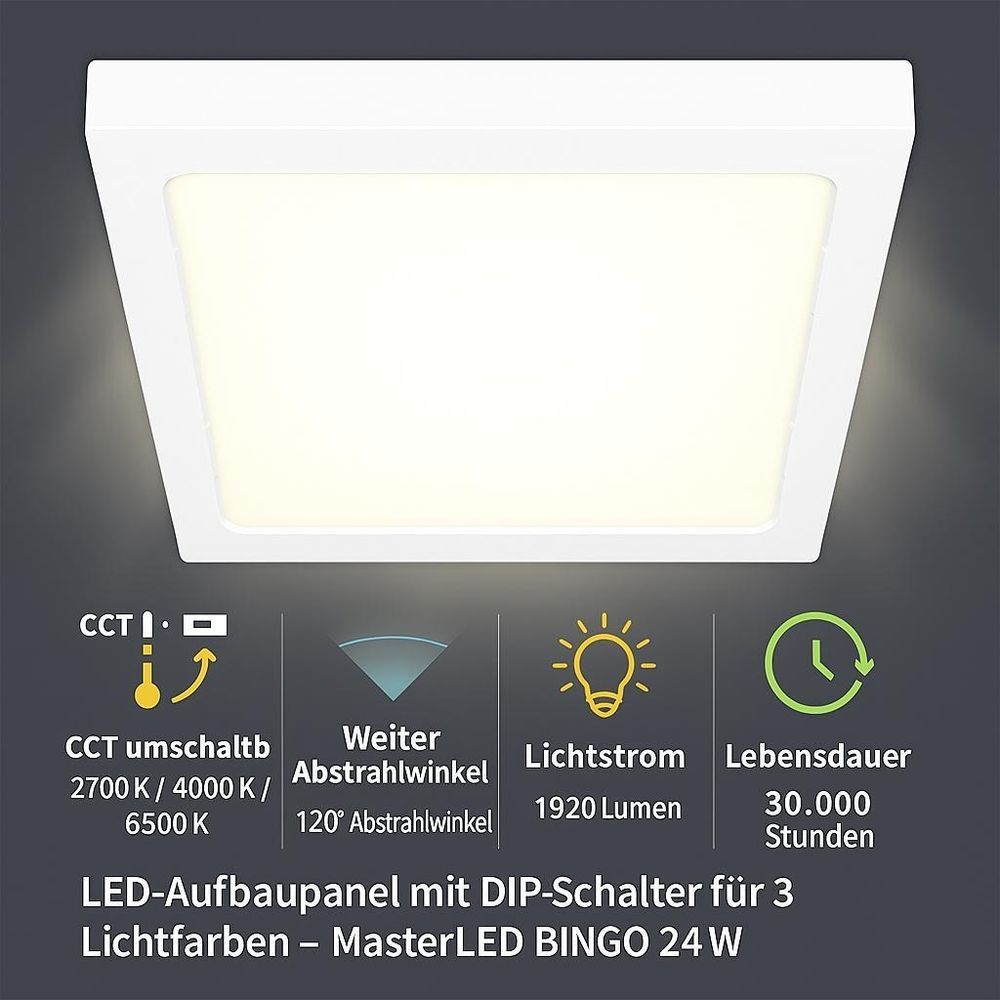 LED-Aufbaupanel 24W mit DIP-Schalter, 3 Lichtfarben, 1920 Lumen und 30.000 Stunden Lebensdauer.