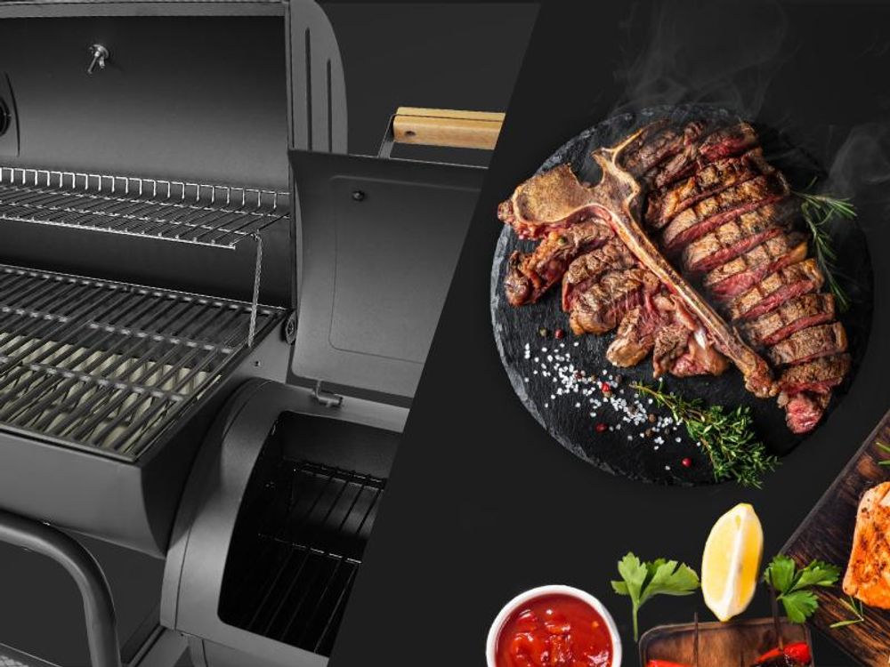 Im Vordergrund ein perfekt gegrilltes T-Bone-Steak, im Hintergrund die Grillflächen des KAMAYOs.