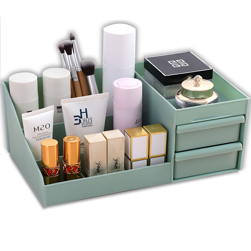 Make-up Organizer, Kosmetik-Organizer mit 2 Schubladen und Fächern in unterschiedlichen Größen, für Schminke und Schmuck, 26x16x12 cm Grün Retoo