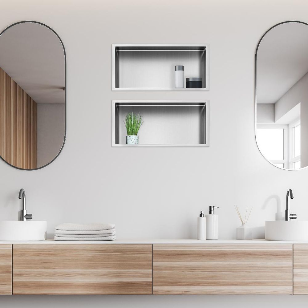 Doppel Nischenregal aus Edelstahl im Badezimmer – stilvolle Wandnischen für Kosmetik und Dekoration