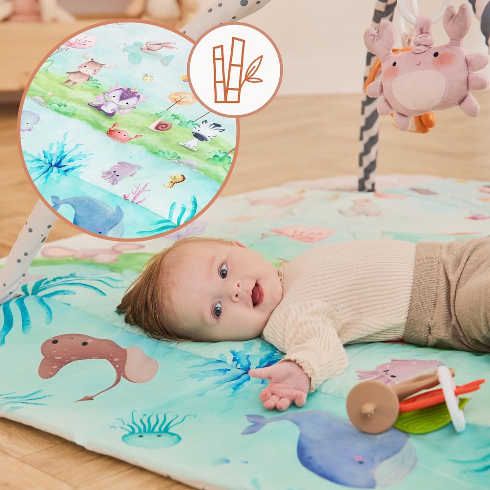 Lionelo Spielmatte mit Spielbogen Anika Natural aus Bambus mit 8 abnehmbaren Spielzeugen, baby spieldecke mit spielbogen