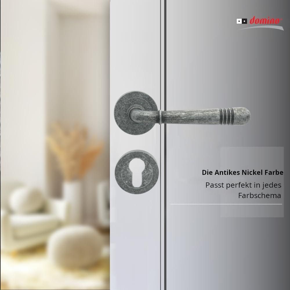DOMINO Türgriff Drückergarnitur PZ -Profilzylinder Set | Türklinke für Zimmertür, Bürotür, Kellertür & Innentür | aus Znal | Nickel Antik | LOFT-R M95