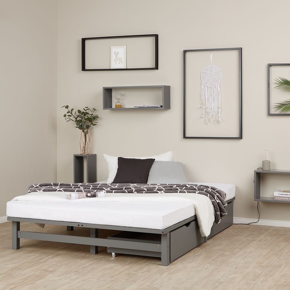Homestyle4u Holzbett 140x200 mit Lattenrostmit Bettkasten 2er Set Strauraum Schublade Bettgestell Grau Kiefer Massivholz Palettenbett Doppelbett