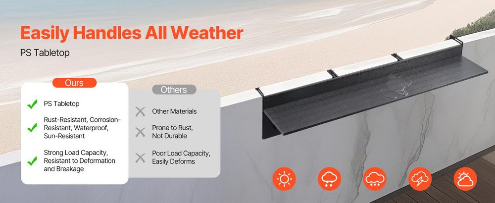 VEVOR Balkontisch, 1500x300 mm, klappbarer Balkonhängetisch, Klapptisch für den Außenbereich, 22 kg Tragkraft, passend für Geländer von 2,54 bis 15 cm, Serviertisch für Terrasse und Deck