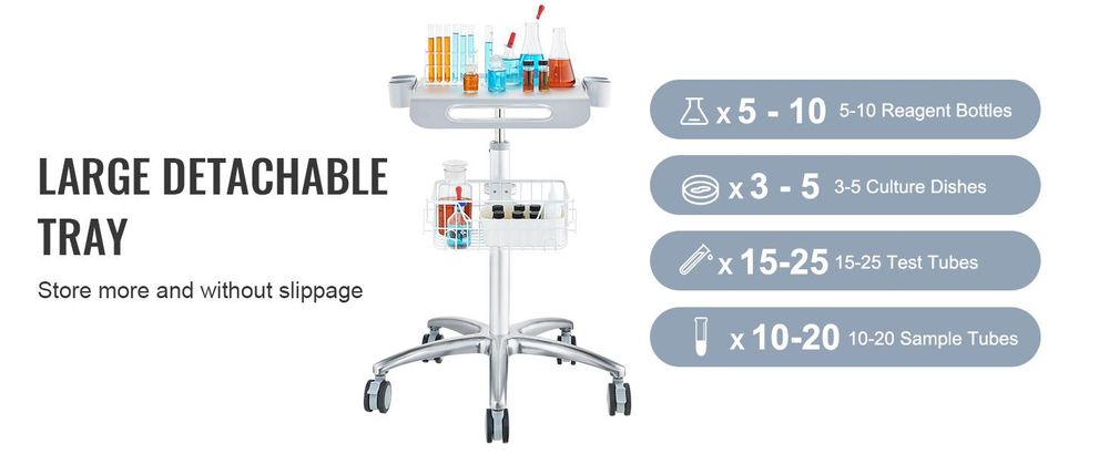 VEVOR Edelstahlwagen, 3-lagiger Labor-Nutzwagen mit 181,4 kg Tragfähigkeit, medizinischer Wagen mit abschließbaren Universalrädern, für Labor, Klinik, Küche, Salon, 1 Schicht, Weiß-b