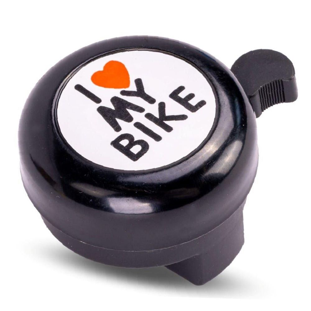 Schwarze Fahrradklingel mit „I  My Bike“-Motiv
