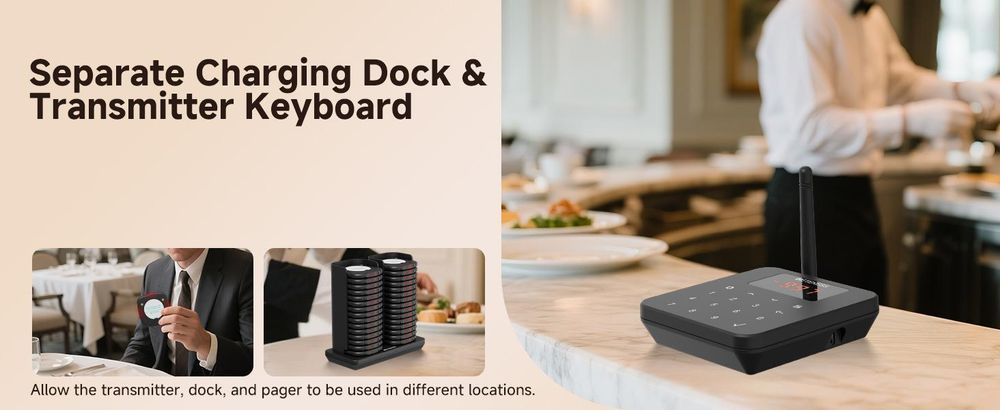 Système de bipeurs Retekess TD186 pour restaurants, 30 bipeurs, portée de 600 m, protection anti-basculement, 64 combinaisons d'appel, touche de mise en sourdine, système d'appel des clients pour bars et cafés, talkie-walkie