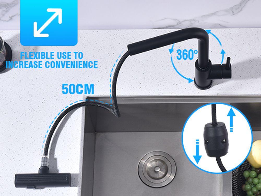 Homelody Wasserhahn Küche Schwarz,Küchenarmatur 360°Drehbar,Mischbatterie Ausziehbar mit 3 Strahlarten,Küchen Armatur Einhebel,Kitchen Tap Edelstahl