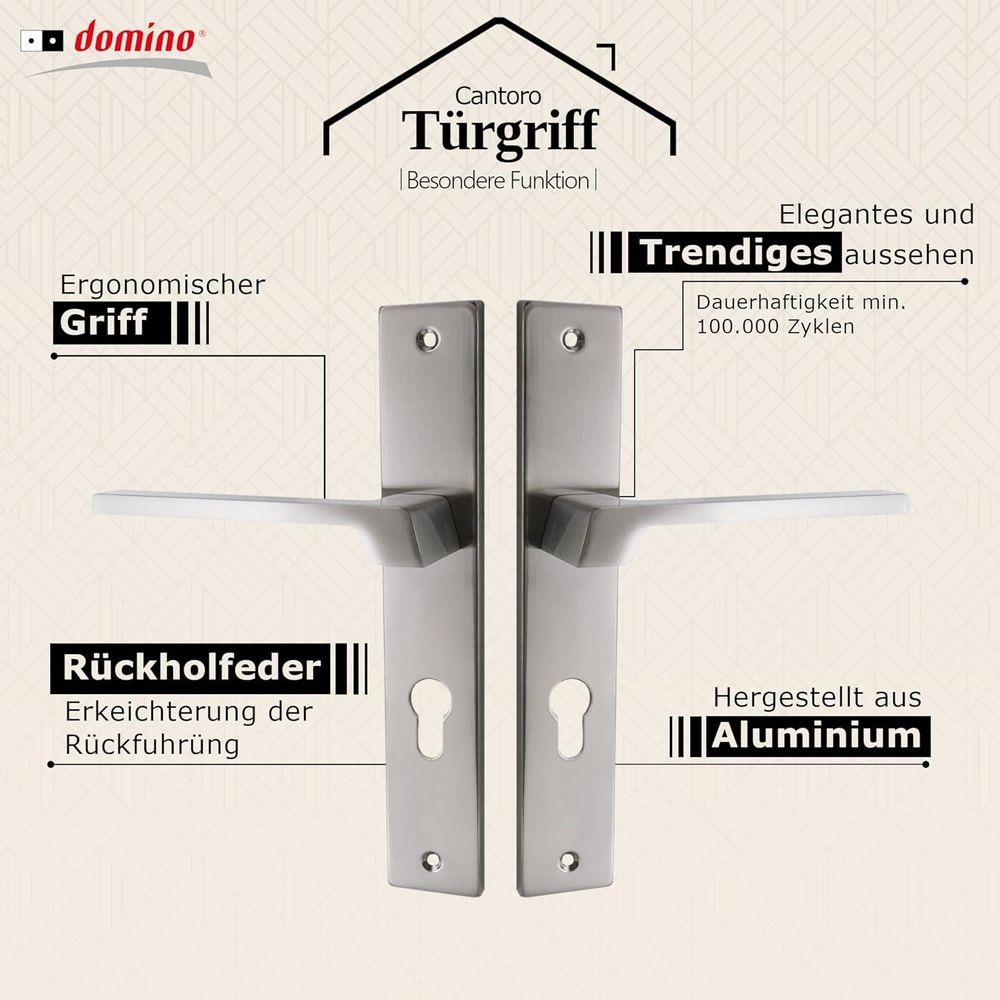 Domino Türgriff 72 PZ Drückergarnitur für Zimmertür, Bürotür, Kellertür, Innentür, L-Form, Aluminium Nickel CANTORO M9